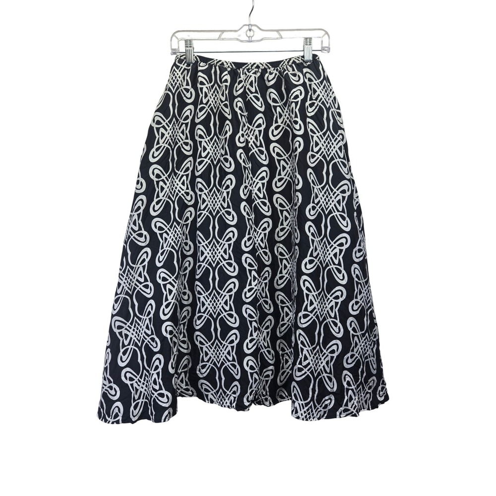 Chicos Silk Midi Skirt Size 0 Small Black‎ White Geometric Scroll Elastic Waist